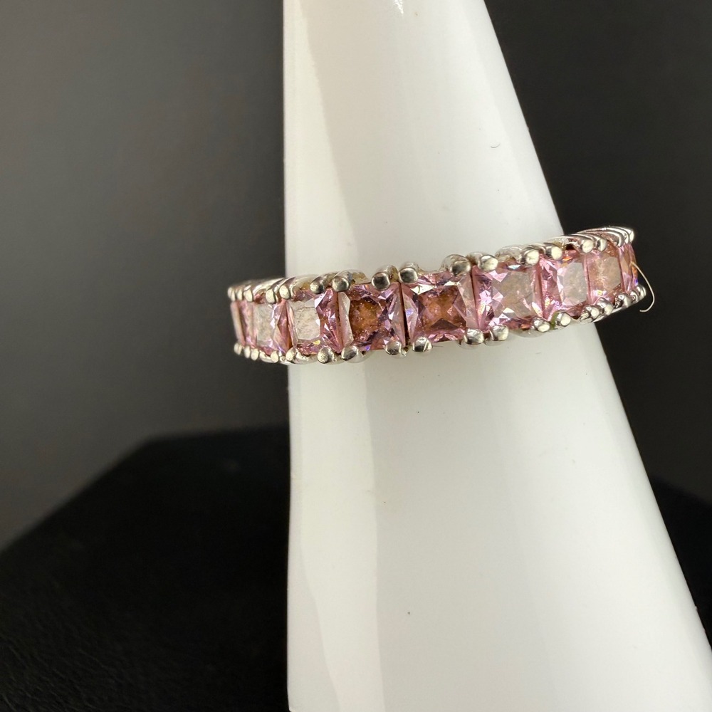 Vintage Sterling Silver Eternity Ring Pink Princess Cut Size 7 Signed RP
